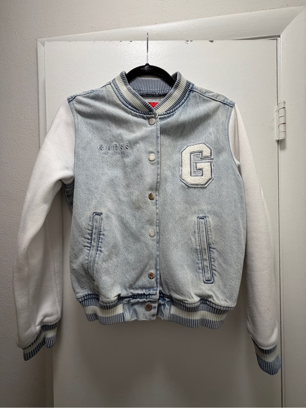 GUESS Light Wash Denim and White Sleeve Varsity Jacket